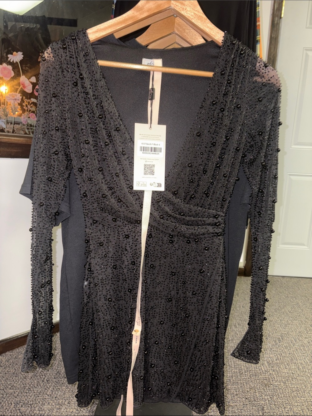Oh Polly Black Beaded V-Neck Long Sleeve Dress